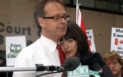 Marc and Jodie Emery speak to media and supporters at a press conference before Marc's surrender to authorities. (Photos by Jeremiah Vandermeer)